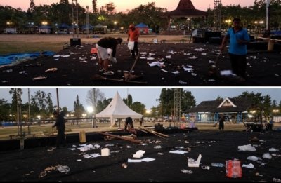 Usai pertunjukan, sampah nampak tercecer di alun-alun Pacitan.