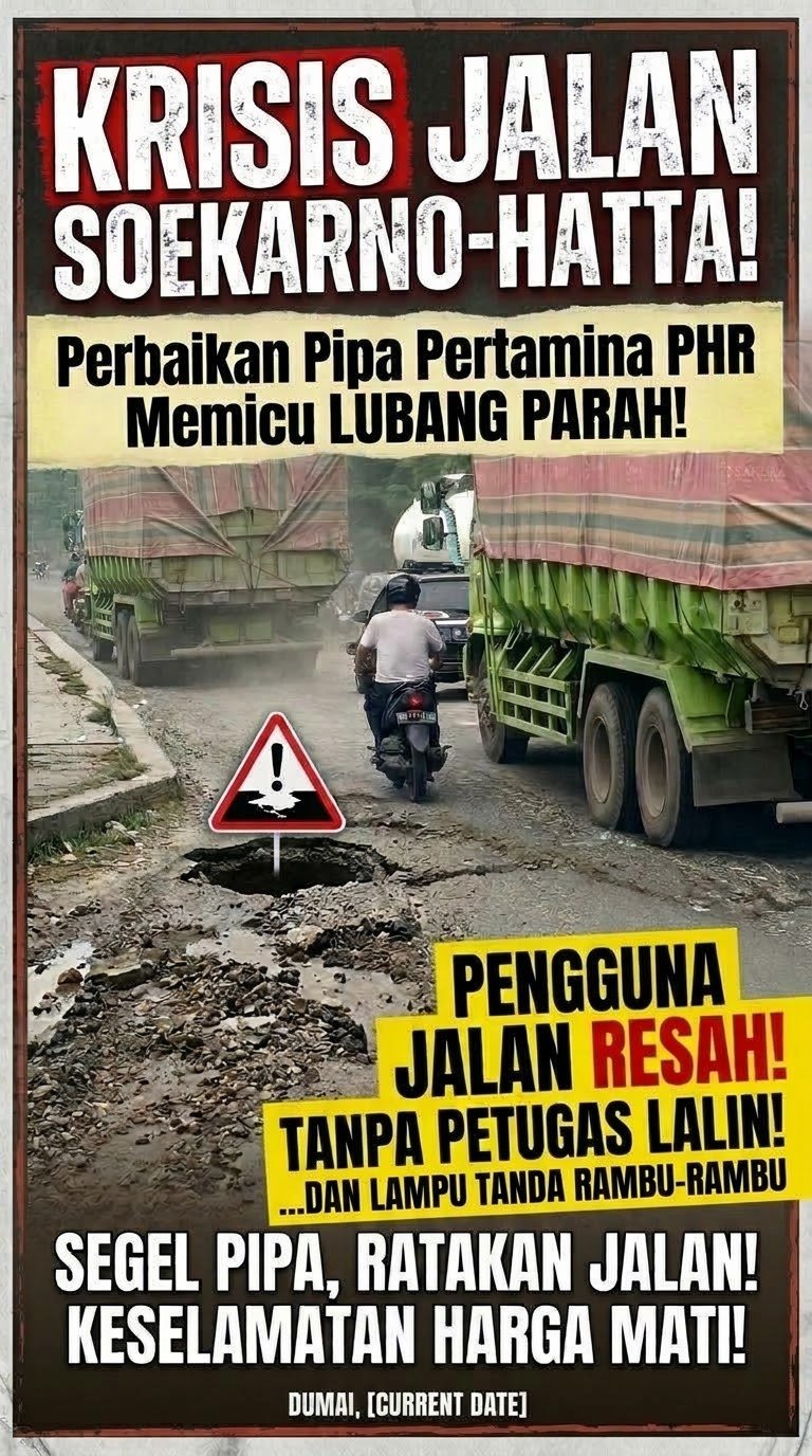 Perbaikan Pipa Pertamina PHR dan Jalan Soekarno-Hatta Memicu Lubang Parah, Pengguna Jalan Resah Tanpa Petugas Lalin