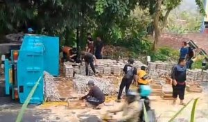Truk Terguling di Tikungan, Ribuan Telur Ayam Pecah