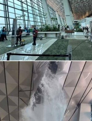 Atap Terminal 3 Bandara Internasional Soekarno-Hatta Jebol Tak Kuat Menahan Air Hujan