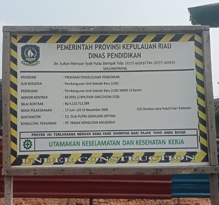 Proyek Pembangunan USB SMKN 13 Batam Senilai Rp4,1 Miliar Disorot, Dikhawatirkan Lewat Batas Waktu